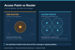 Diagram contrasting one router covering a single zone of an office floor plan with dead corners against four access points providing overlapping coverage across the whole floor