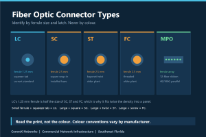 Identification chart of fiber optic connector types showing LC with a 1.25 mm ferrule beside SC, ST and FC with 2.5 mm ferrules and MPO as a 12-fiber array connector
