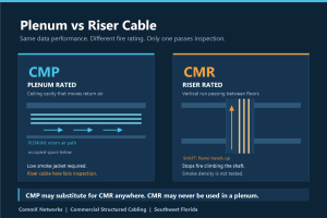 Diagram comparing CMP plenum rated cable in a return air ceiling cavity with CMR riser rated cable in a vertical shaft, showing that CMP may substitute for CMR but never the reverse