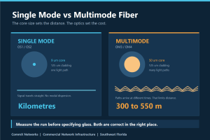 Diagram comparing single mode fiber with a 9 micron core carrying one light path against multimode fiber with a 50 micron core carrying many, showing kilometres versus 300 to 550 meters of reach